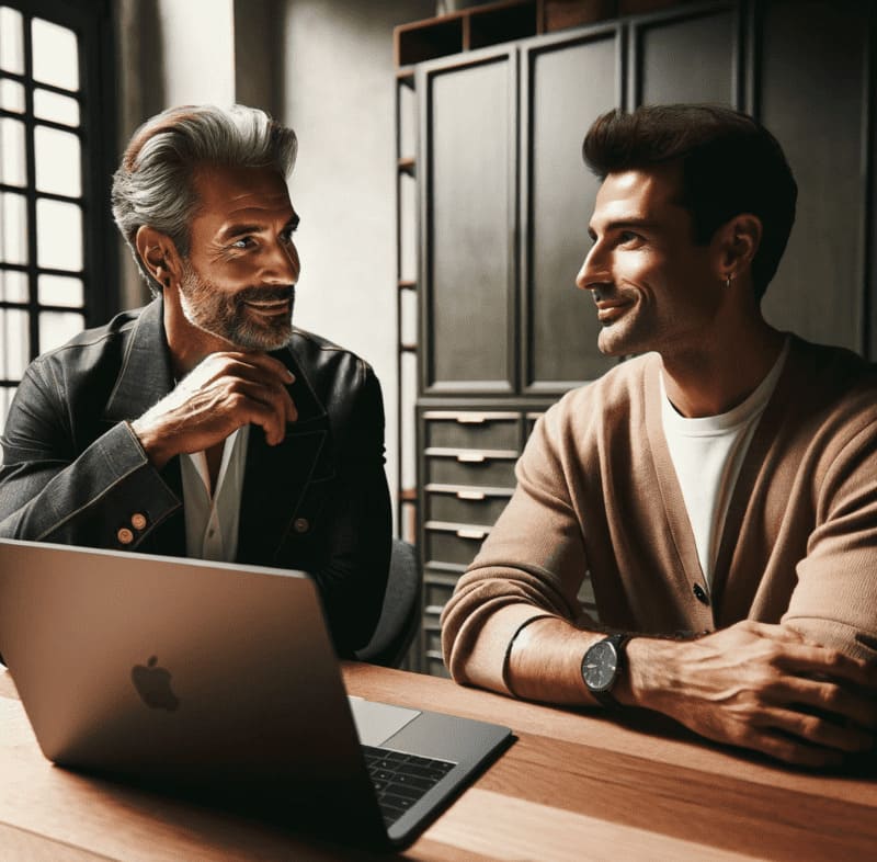 L'image est centrée sur deux hommes souriants, profondément engagés dans une conversation. Le premier, un Parisien élégant d'une cinquantaine d'années, porte des vêtements décontractés mais chics, tandis que le second, un Italien de 30 ans, affiche un style européen classique. Ils sont assis à une table en bois moderne où repose un ordinateur portable ouvert, probablement montrant du contenu de cours en italien. Le décor est celui d'un intérieur moderne éclairé par une grande fenêtre, avec des éléments de décoration en arrière-plan; mettant l'accent sur les personnages et leur interaction.