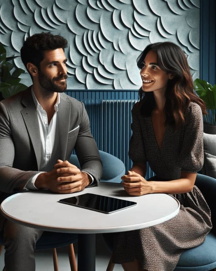 Dans une pièce au décor moderne, la caméra se concentre sur deux personnages à une table ronde blanche avec une tablette posée dessus. 