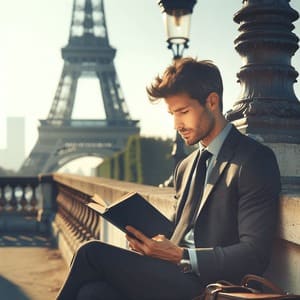 Un homme de 30 ans est assis dehors en train de lire un livre, perché sur une balustrade et s'appuyant contre un réverbère, avec la Tour Eiffel en arrière-plan.