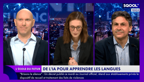 Adomlingua sur le plateau de SQOOL TV, en pleine discussion sur le rôle de l’intelligence artificielle dans l’apprentissage des langues.